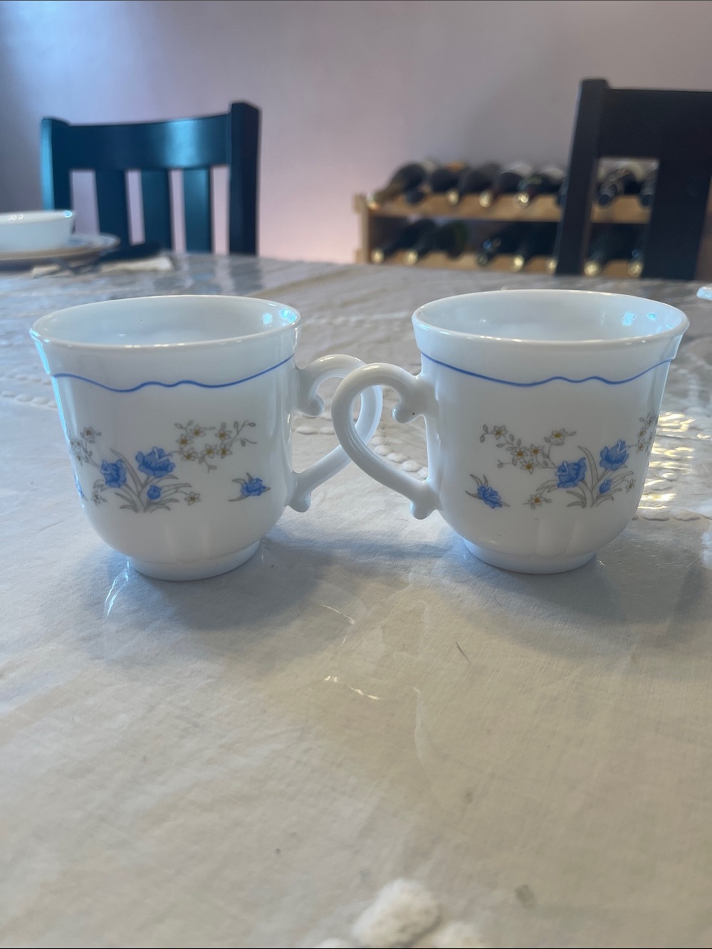 White Porcelain Mug Set with Blue Floral Pattern - Pair